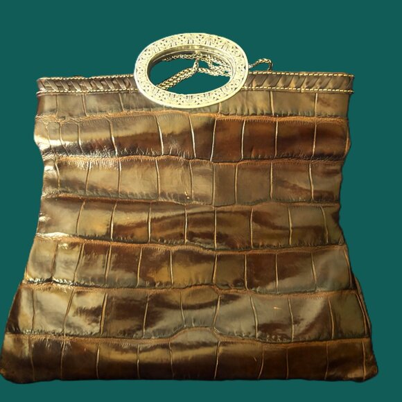 Vintage Brighton Croc-Embossed Leather Silver Metal Clutch Fold-Over & Crossbody - Picture 4 of 12